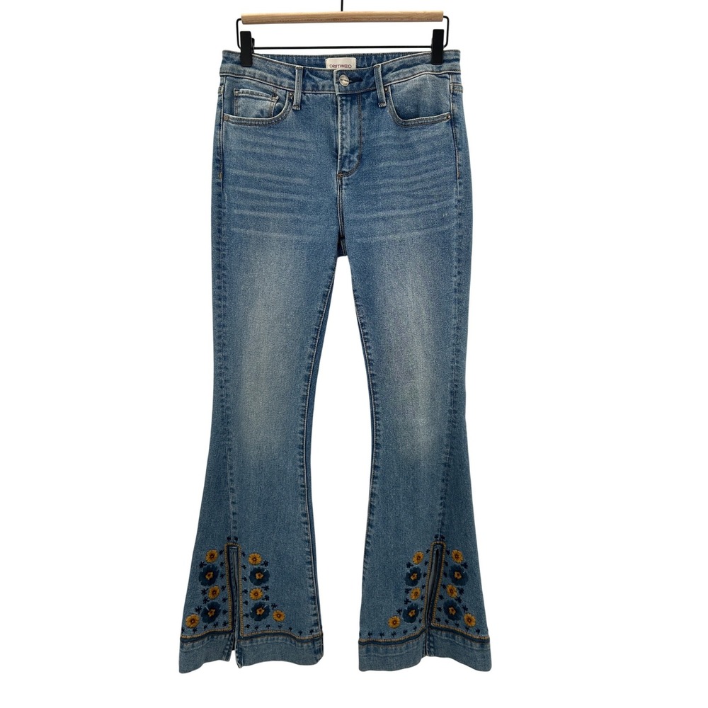 Driftwood x Free People Farrah Jean Denim Embroidered Floral Flare Leg Boho Sz26 - Picture 2 of 8